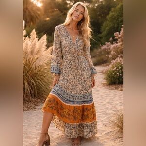 Lovestitch Valley Muse Floral Border Maxi Dress Boho Tie Waist Size L NWT
